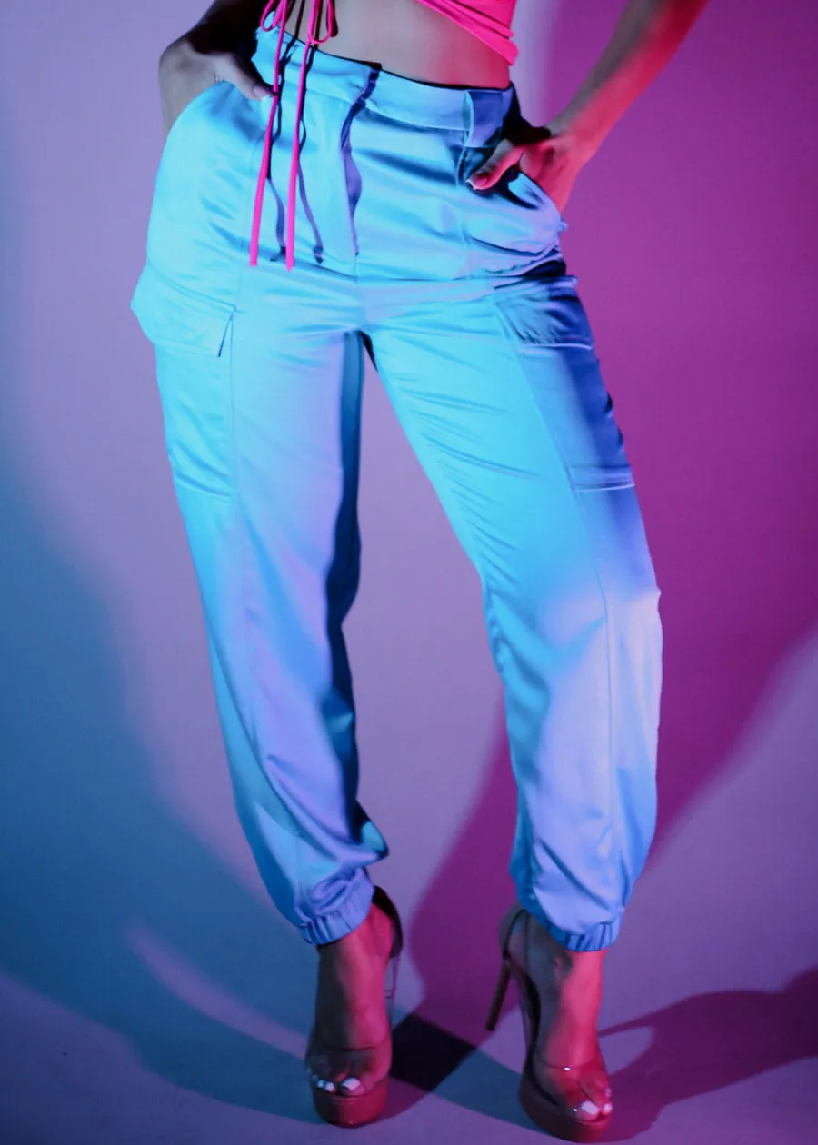 High Waist Satin Cargo Jogger Pants Aqua sold by Moda