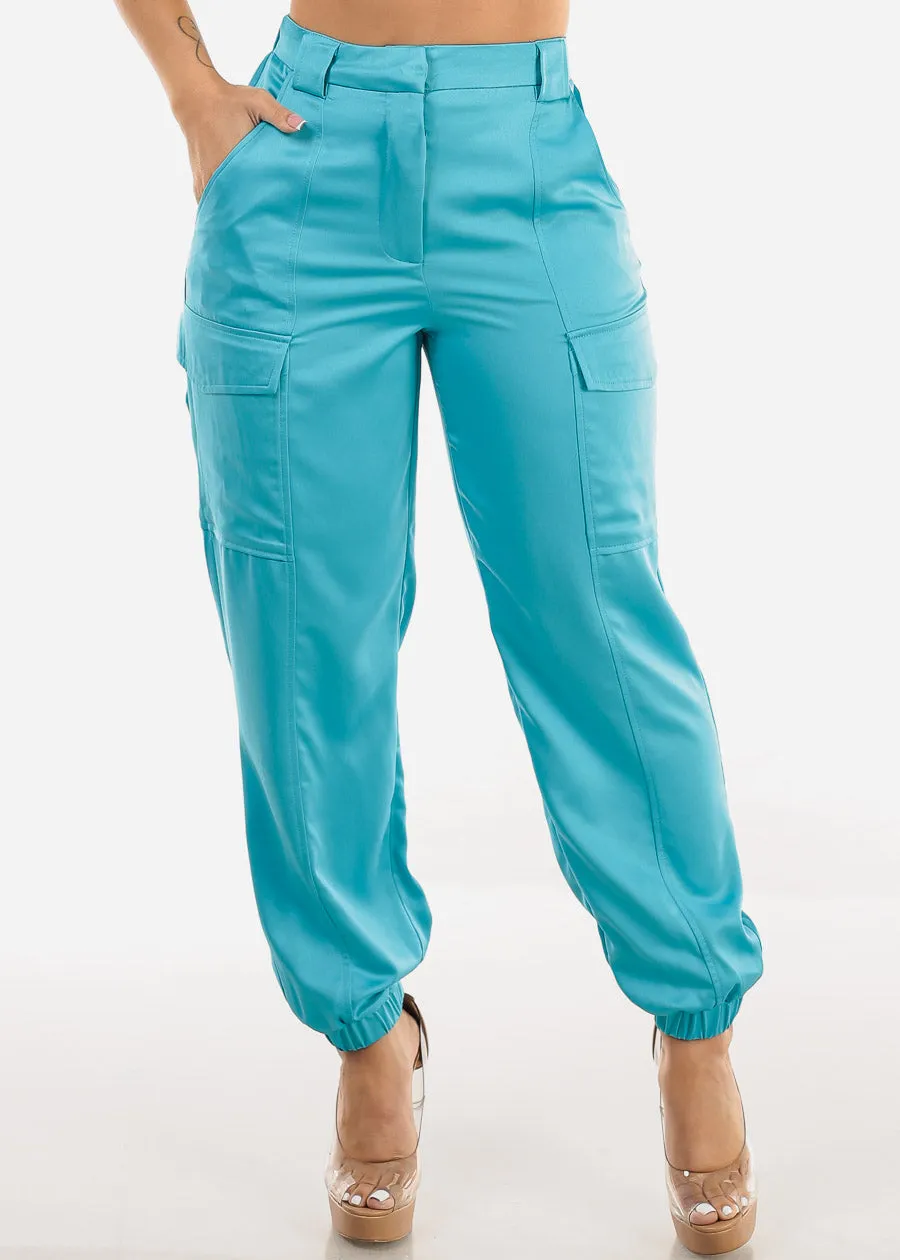 High Waist Satin Cargo Jogger Pants Aqua sold by Moda product image thumbnail 4