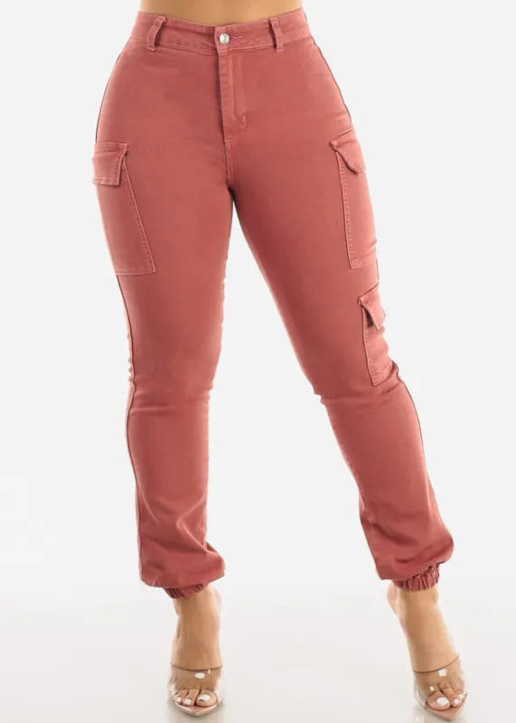 High Waisted Stretch Cargo Jogger Jeans Rose made by Moda