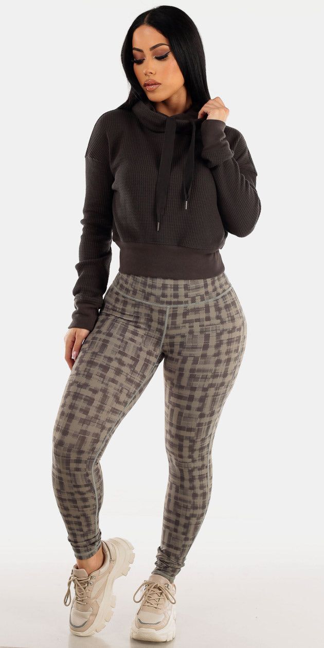 High Waisted Grey Printed Activewear Leggings with Long Sleeve Cropped Cowl Neck Pullover sold by Moda