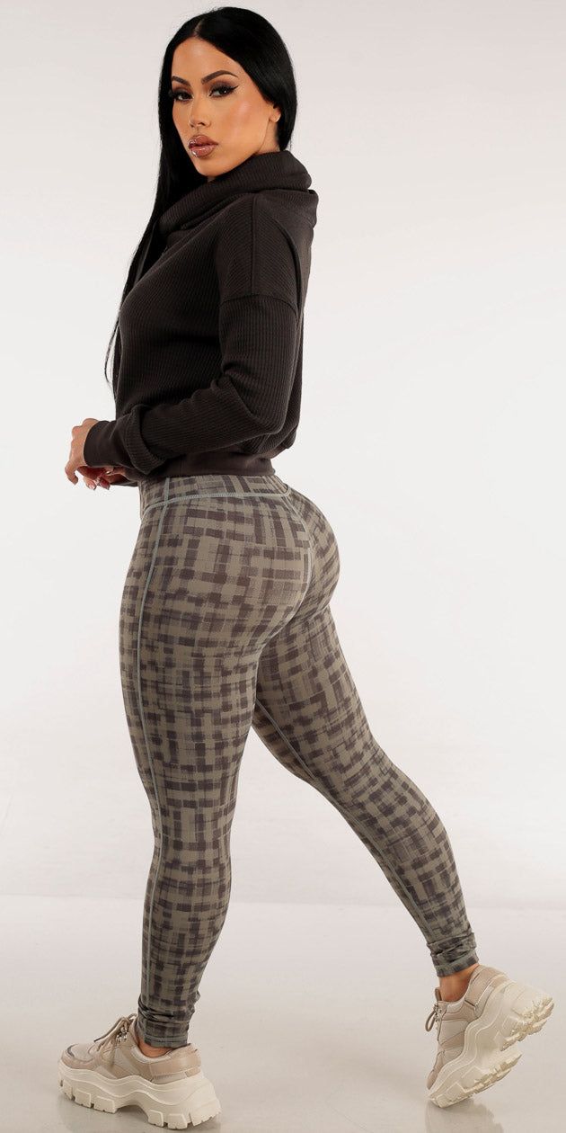 High Waisted Grey Printed Activewear Leggings with Long Sleeve Cropped Cowl Neck Pullover sold by Moda product image thumbnail 2