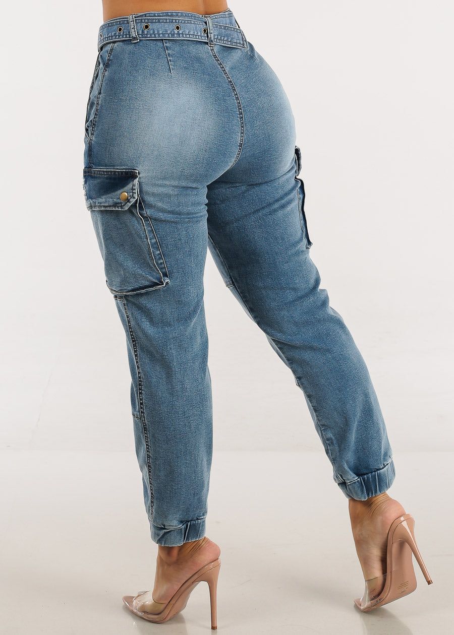 High Waisted Belted Cargo Jogger Jeans Med Blue sold by Moda product image thumbnail 4