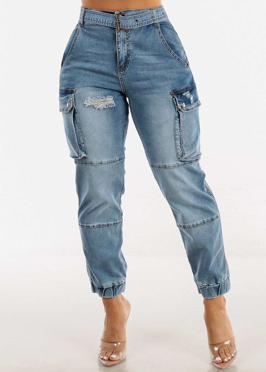 High Waisted Belted Cargo Jogger Jeans Med Blue sold by Moda