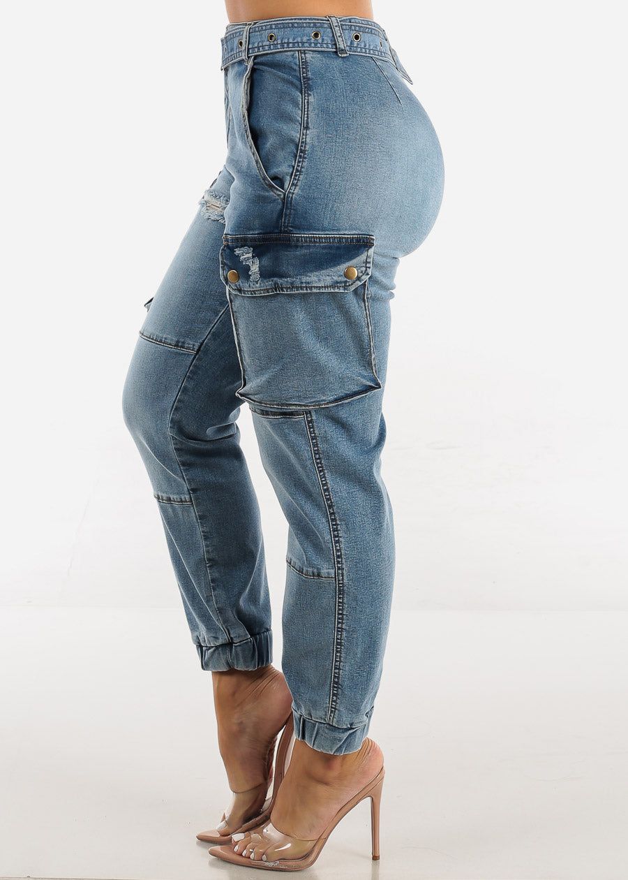 High Waisted Belted Cargo Jogger Jeans Med Blue sold by Moda product image thumbnail 3