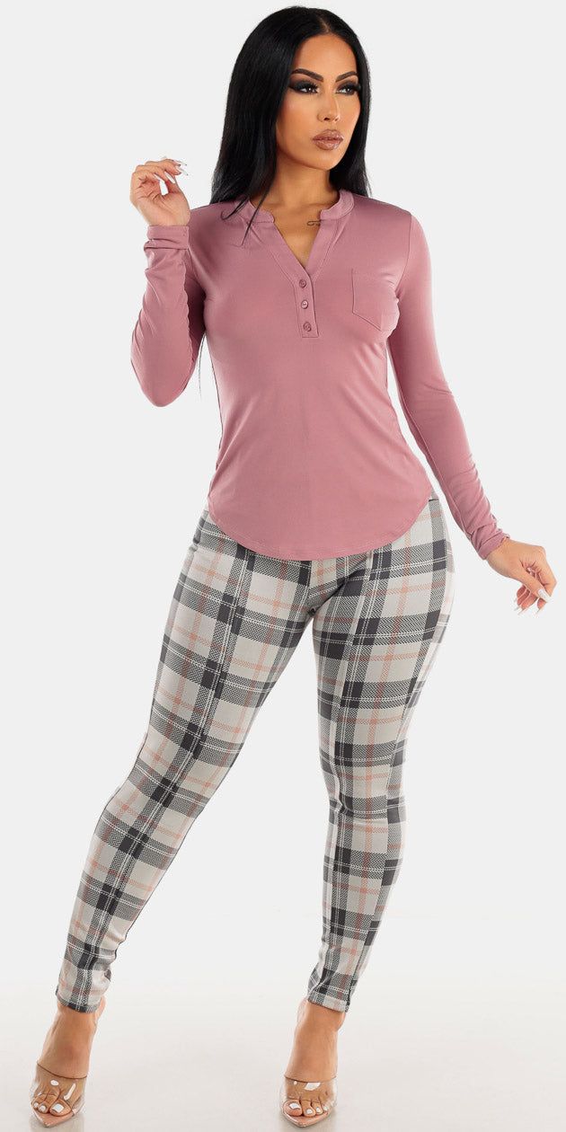 High Waist Butt Lifting Plaid Skinny Pants with Long Sleeve Dark Mauve Blouse sold by Moda