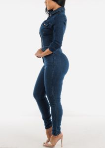Quarter Sleeve Collared Denim Jumpsuit Dark Wash sold by Moda