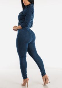 Quarter Sleeve Collared Denim Jumpsuit Dark Wash sold by Moda