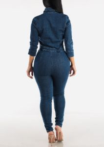 Quarter Sleeve Collared Denim Jumpsuit Dark Wash sold by Moda