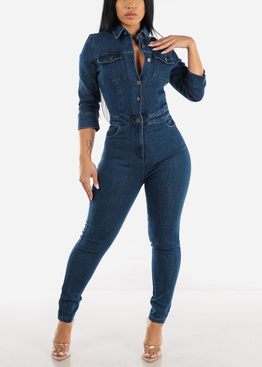 Quarter Sleeve Collared Denim Jumpsuit Dark Wash sold by Moda
