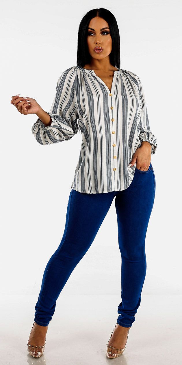 Super High Waisted Blue Butt Lift Skinny Jeans with Navy Stripe Blouse sold by Moda