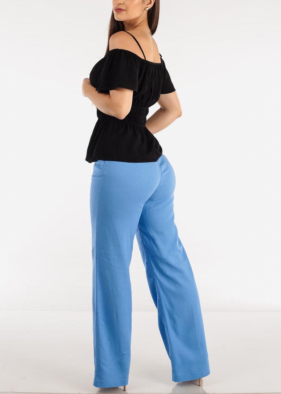 High Waist Straight Wide Leg Linen Pants Blue sold by Moda product image thumbnail 5