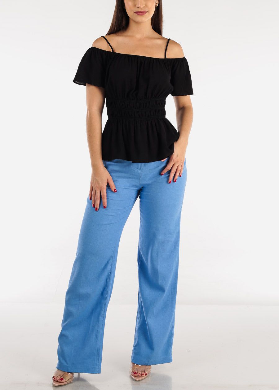 High Waist Straight Wide Leg Linen Pants Blue sold by Moda product image thumbnail 2