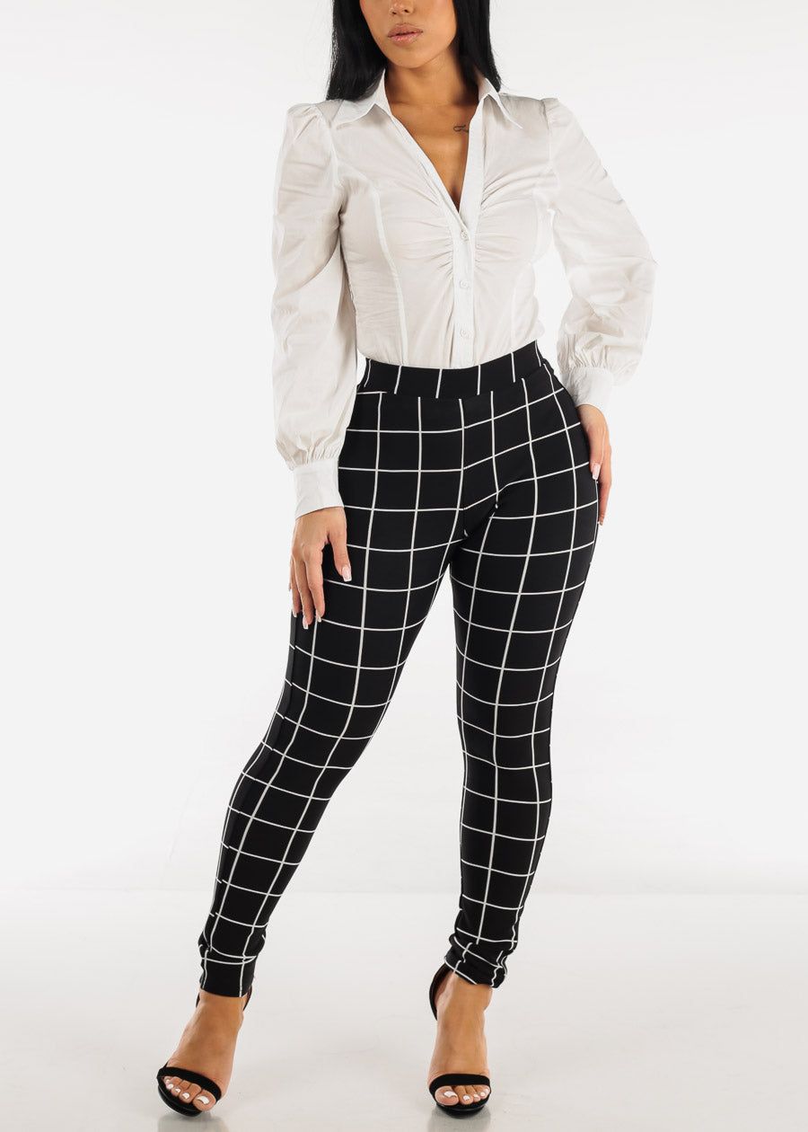 Long Sleeve White Ruched Collared Button Up Bodysuit sold by Moda product image thumbnail 2