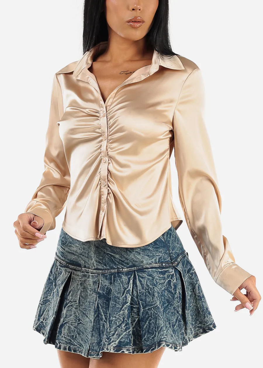 Satin Long Sleeve Button Up Ruched Shirt Khaki sold by Moda product image thumbnail 3