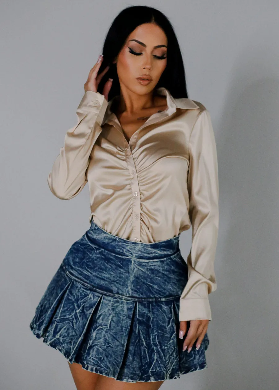 Satin Long Sleeve Button Up Ruched Shirt Khaki sold by Moda