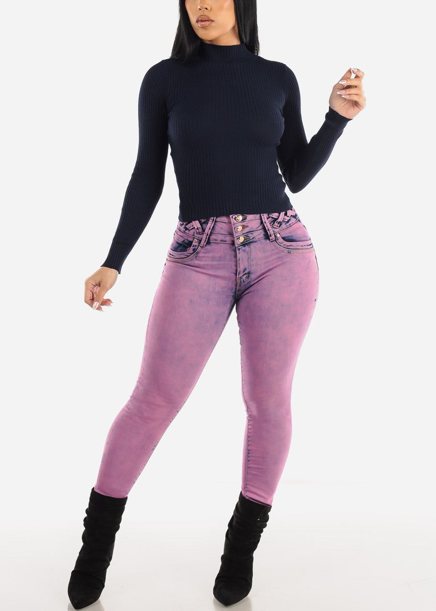 Long Sleeve Mock Neck Ribbed Sweater Navy sold by Moda product image thumbnail 2