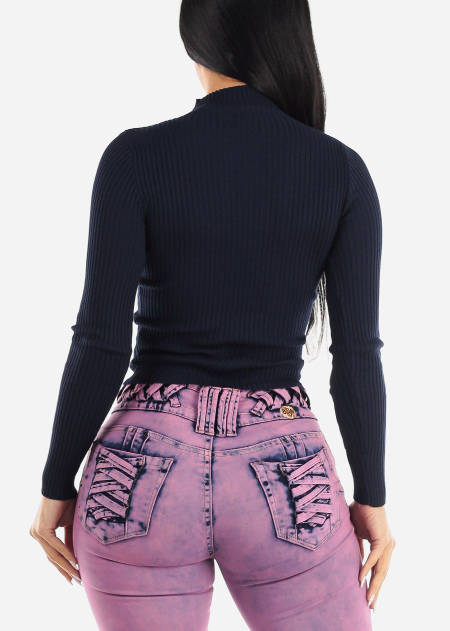 Long Sleeve Mock Neck Ribbed Sweater Navy sold by Moda product image thumbnail 4