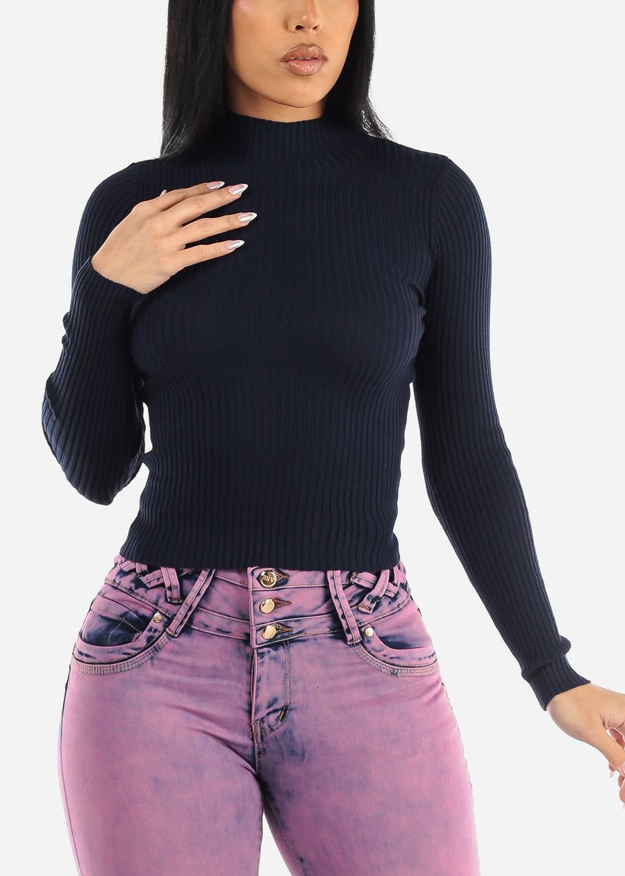 Long Sleeve Mock Neck Ribbed Sweater Navy sold by Moda