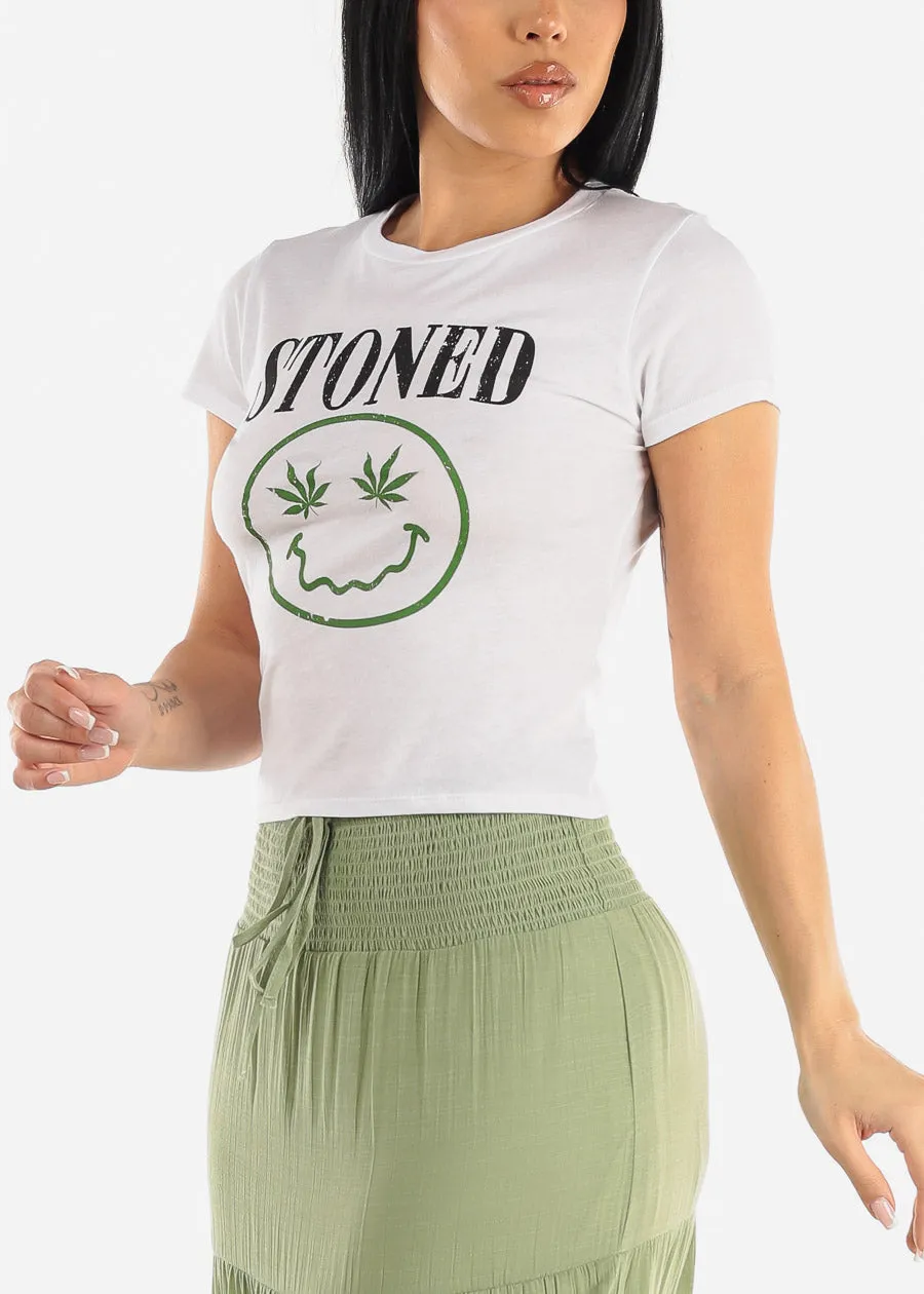 Short Sleeve White Graphic Crop Top "Stoned" sold by Moda