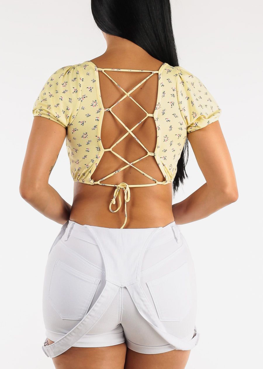 Short Puff Sleeve Lace Up Back Floral Crop Top Yellow sold by Moda product image thumbnail 4