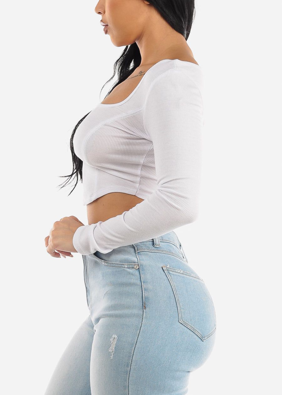 Square Neck Long Sleeve White Crop Top sold by Moda product image thumbnail 3