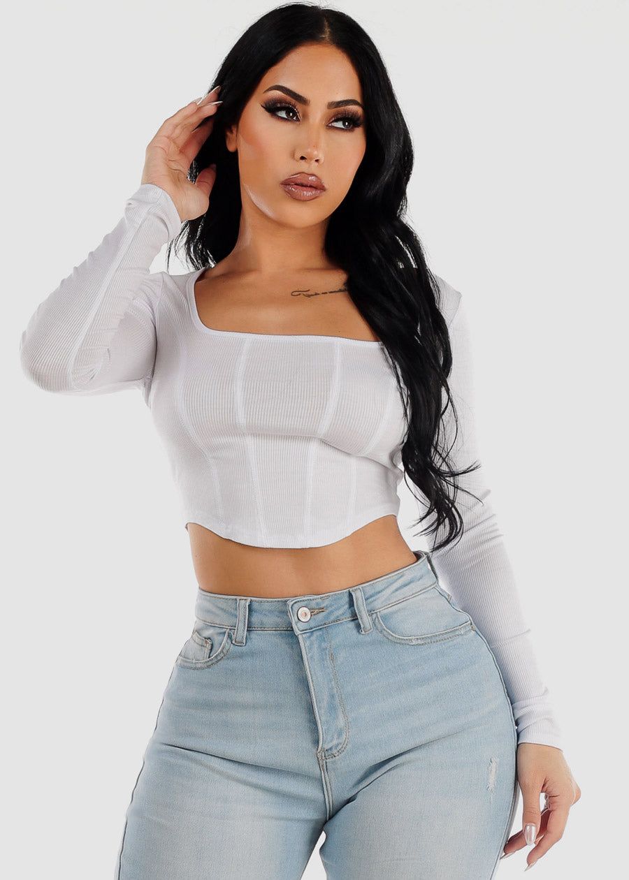 Square Neck Long Sleeve White Crop Top sold by Moda