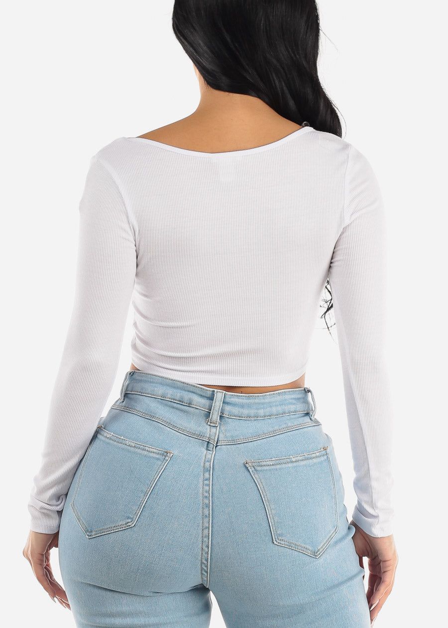 Square Neck Long Sleeve White Crop Top sold by Moda product image thumbnail 4