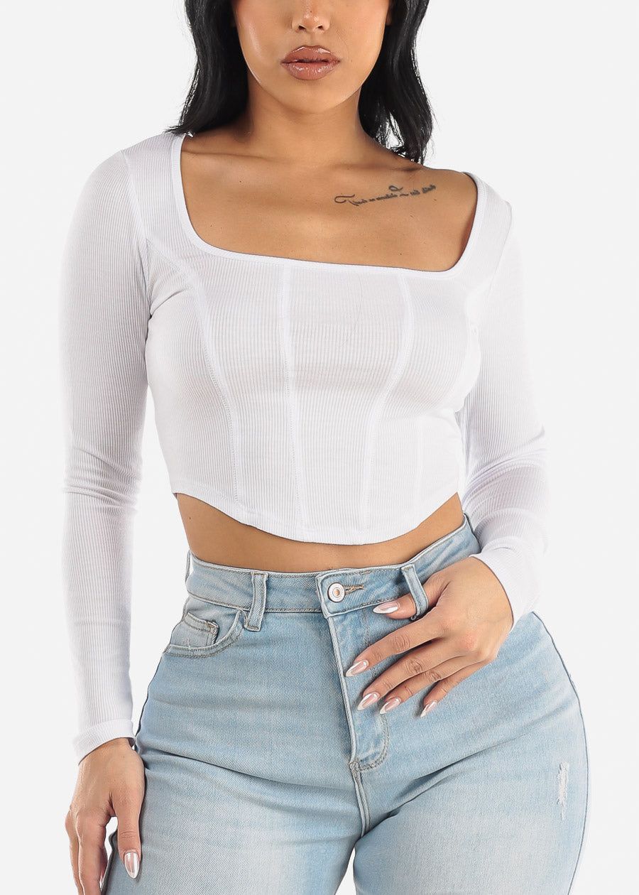 Square Neck Long Sleeve White Crop Top sold by Moda product image thumbnail 5