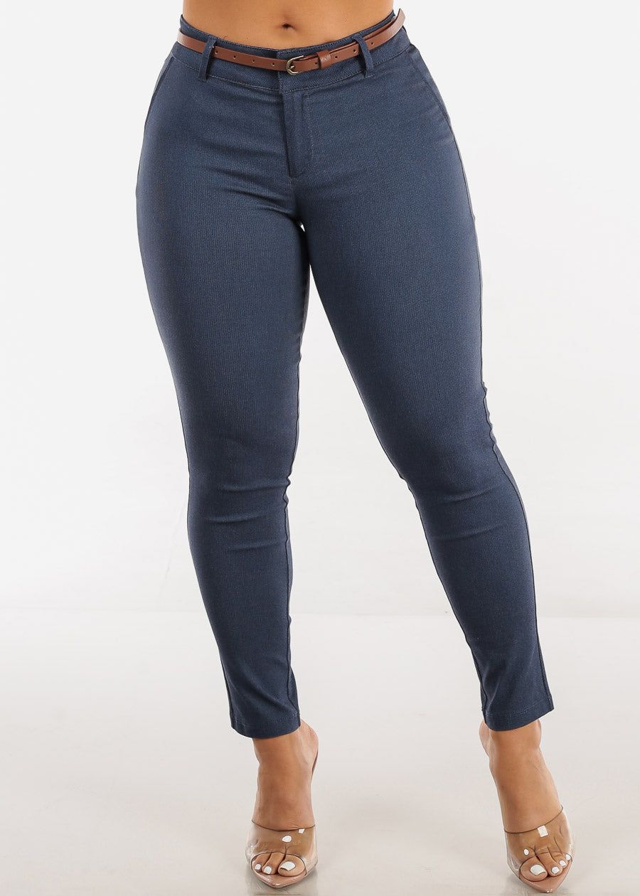 Mid Rise Twill Dressy Skinny Pants Indigo w Belt sold by Moda