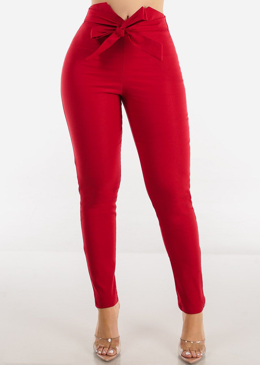Red High Waist Tied Dressy Skinny Pants sold by Moda