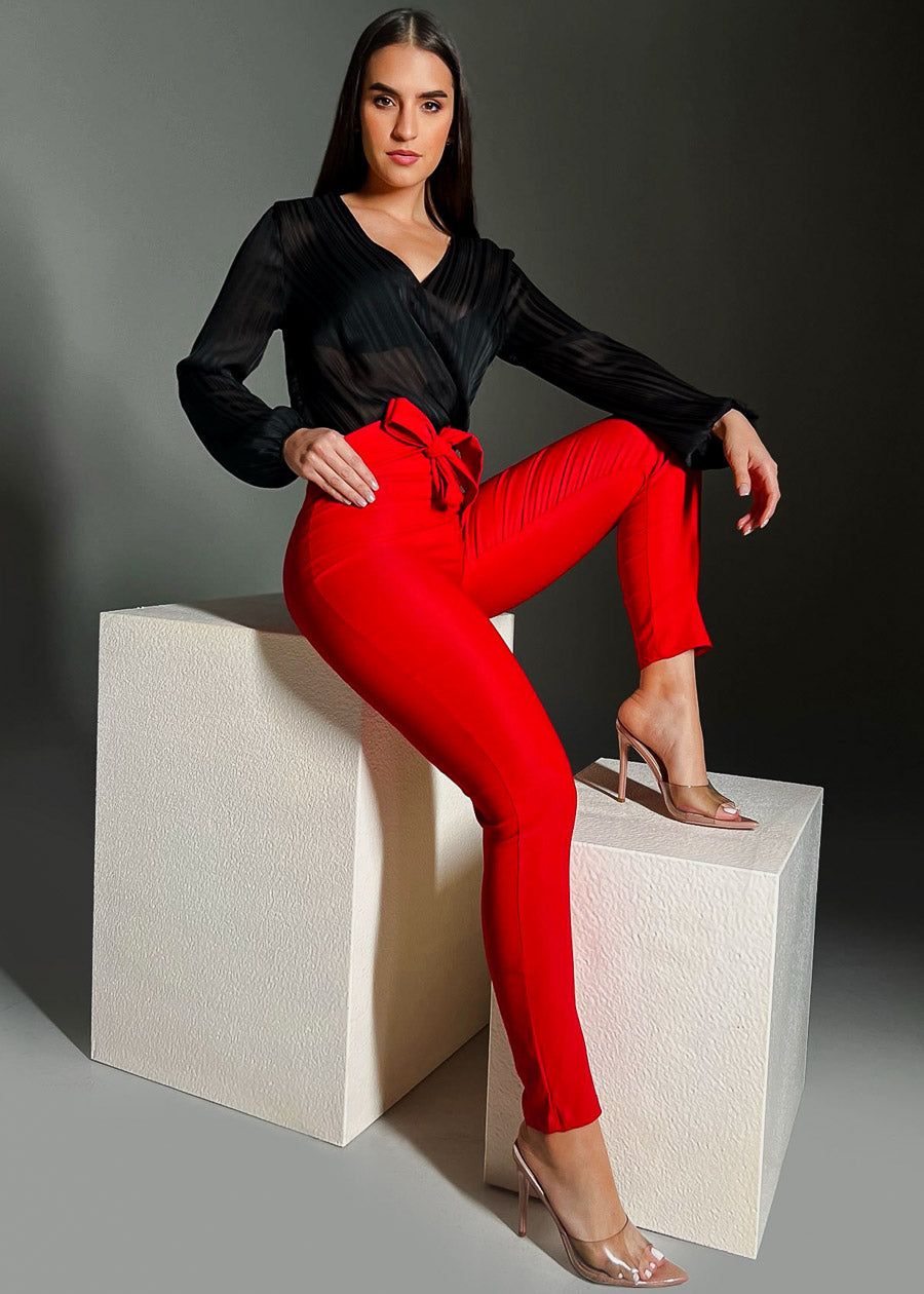 Red High Waist Tied Dressy Skinny Pants sold by Moda product image thumbnail 2