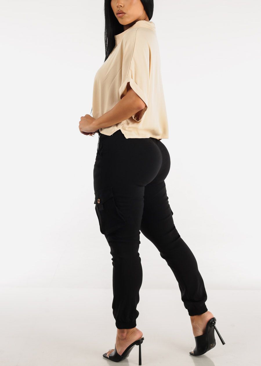 Black High Waist Hyper Stretch Cargo Jogger Pants sold by Moda product image thumbnail 5