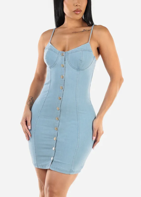 Button Up Bodycon Denim Dress Light Blue sold by Moda