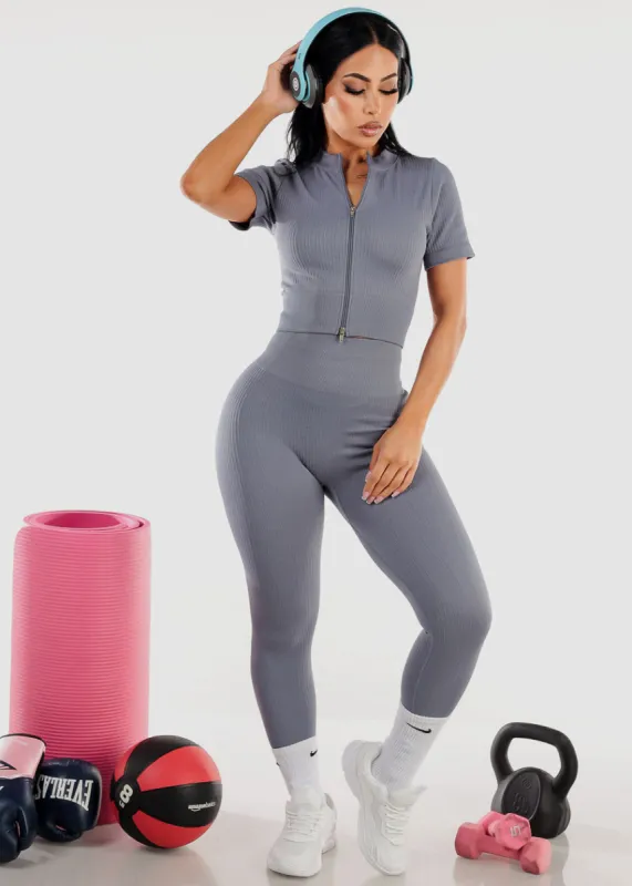 High Waist Sweetheart Butt Leggings w Zip up Crop Top (2pc Set) Grey sold by Moda