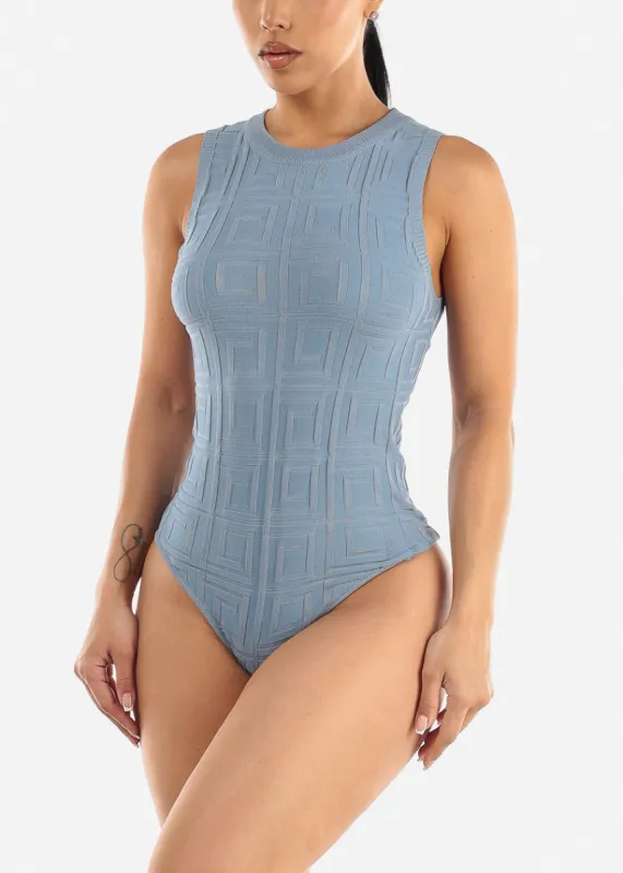 Sleeveless Crewneck Textured Bodysuit Blue sold by Moda