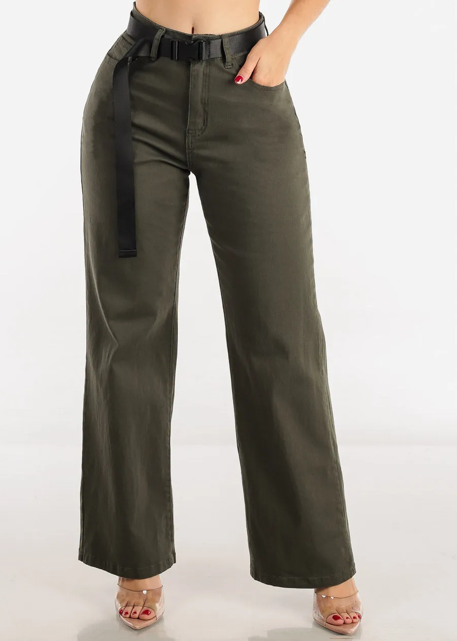 High Waist Straight Wide Leg Pants Olive w Belt sold by Moda product image thumbnail 4