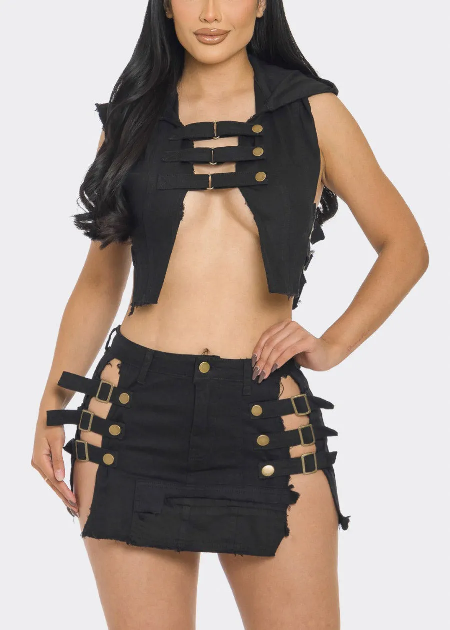 Strappy Black Denim Crop Top & Mini Skirt (2 PCE SET) sold by Moda product image thumbnail 4