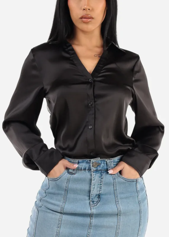 Black Long Sleeve Button Down Satin Tunic Shirt sold by Moda
