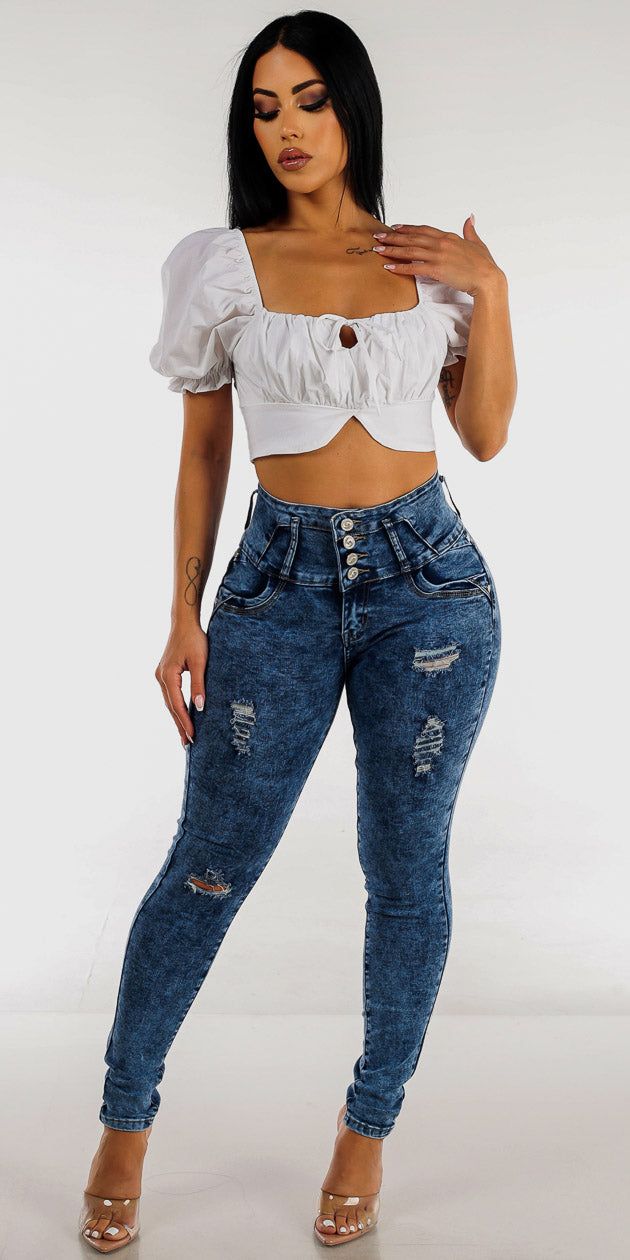 Butt Lifting Ripped Acid Wash Skinny Jeans with White Square Neck Short Sleeve Crop Top sold by Moda product image thumbnail 2