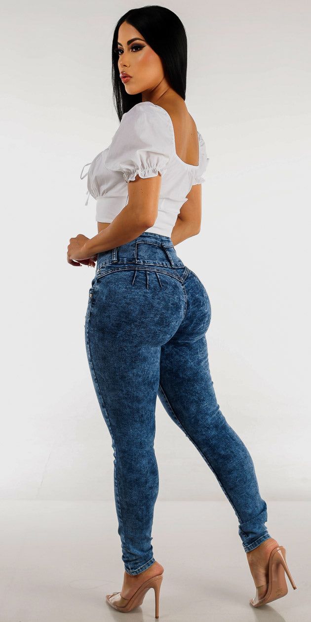 Butt Lifting Ripped Acid Wash Skinny Jeans with White Square Neck Short Sleeve Crop Top sold by Moda