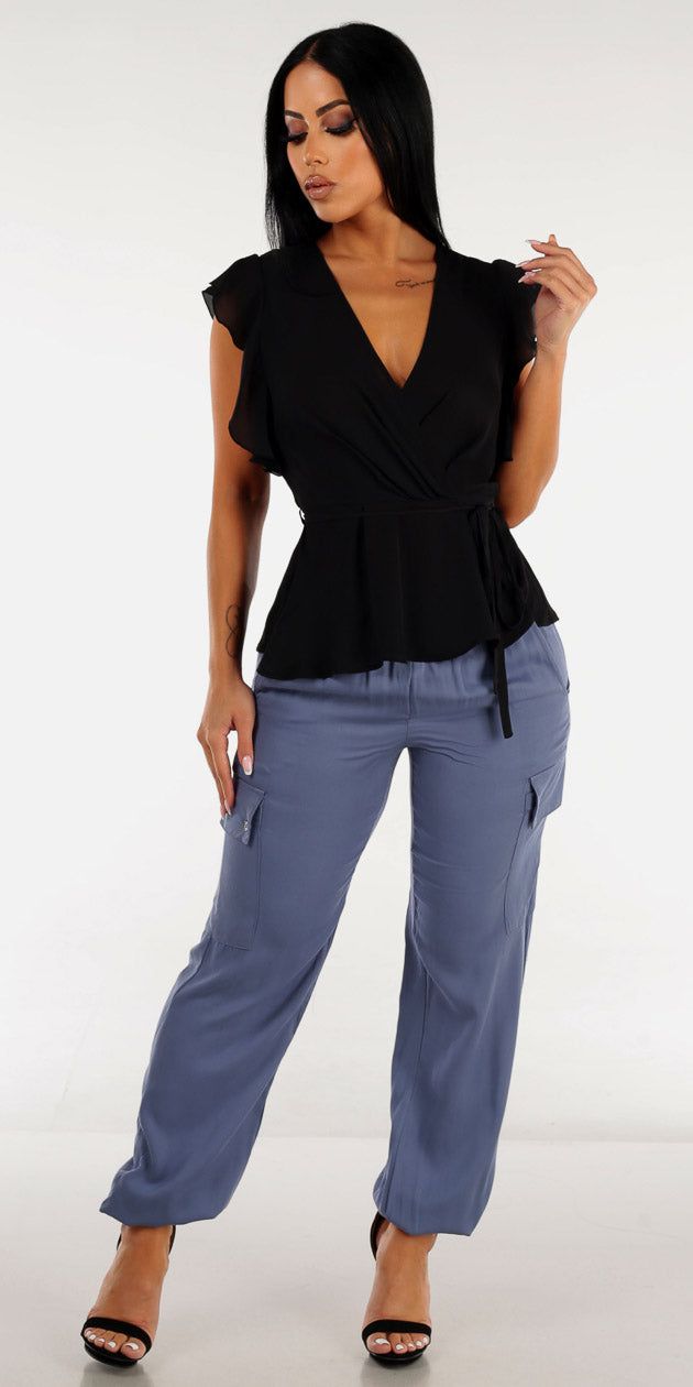 Drawstring Waist Blue Cargo Jogger Pants with Black Short Sleeve Peplum Blouse sold by Moda