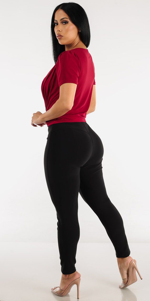 Black Levantacola Dressy Skinny Pants with Wine Short Sleeve Surplice Blouse sold by Moda product image thumbnail 2