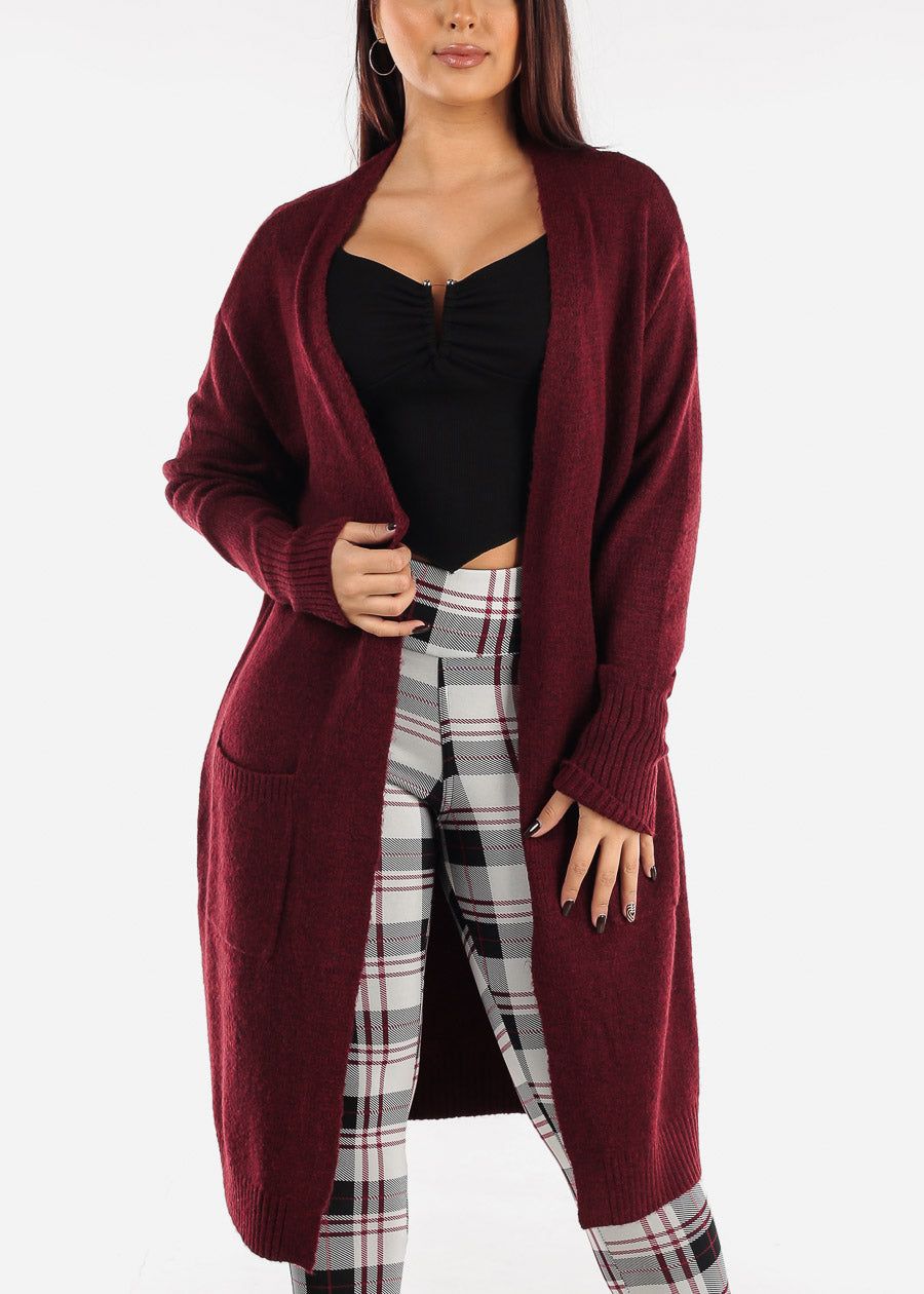 Long Sleeve Burgundy Maxi Cardigan w Pockets sold by Moda