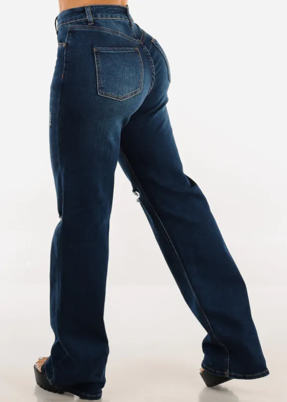 Ripped Butt Lift Wide Leg Straight Stretch Jeans Dark Blue sold by Moda