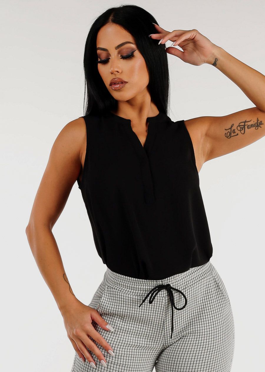 Black Sleeveless Half Button Up Blouse sold by Moda