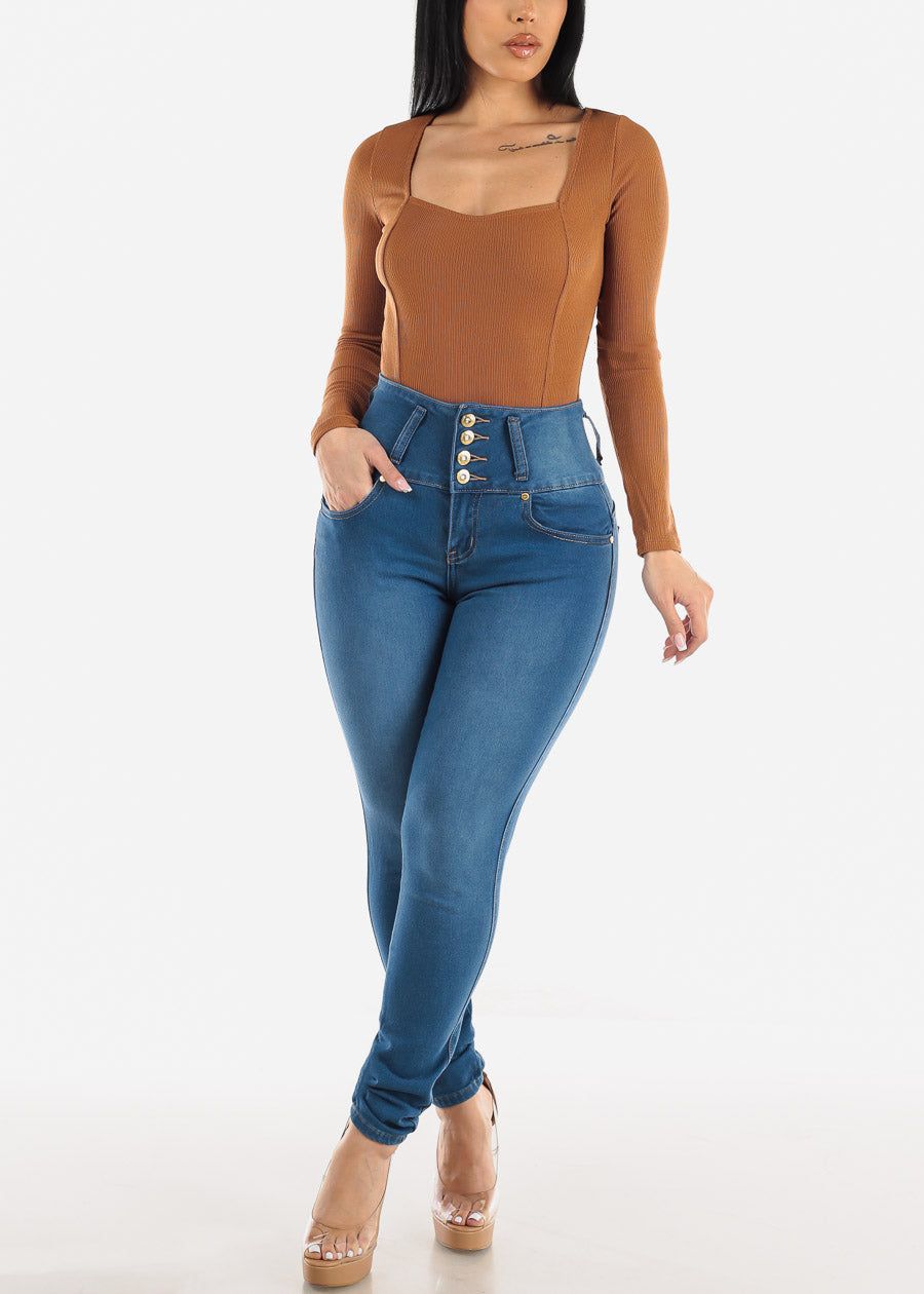 Square Neckline Long Sleeve Ribbed Bodysuit Light Brown sold by Moda product image thumbnail 2