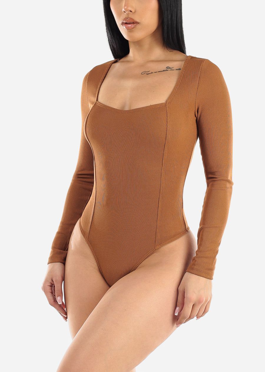 Square Neckline Long Sleeve Ribbed Bodysuit Light Brown sold by Moda
