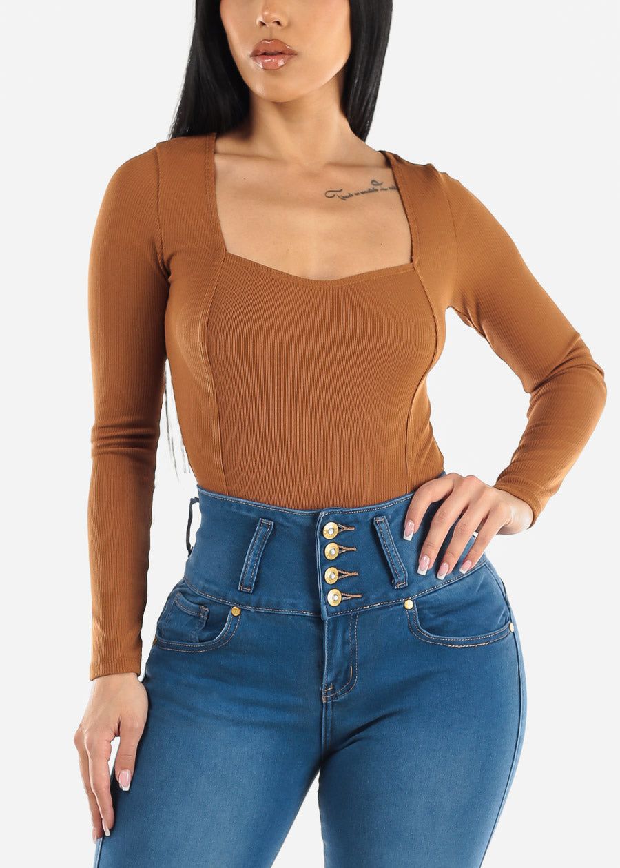 Square Neckline Long Sleeve Ribbed Bodysuit Light Brown sold by Moda product image thumbnail 5