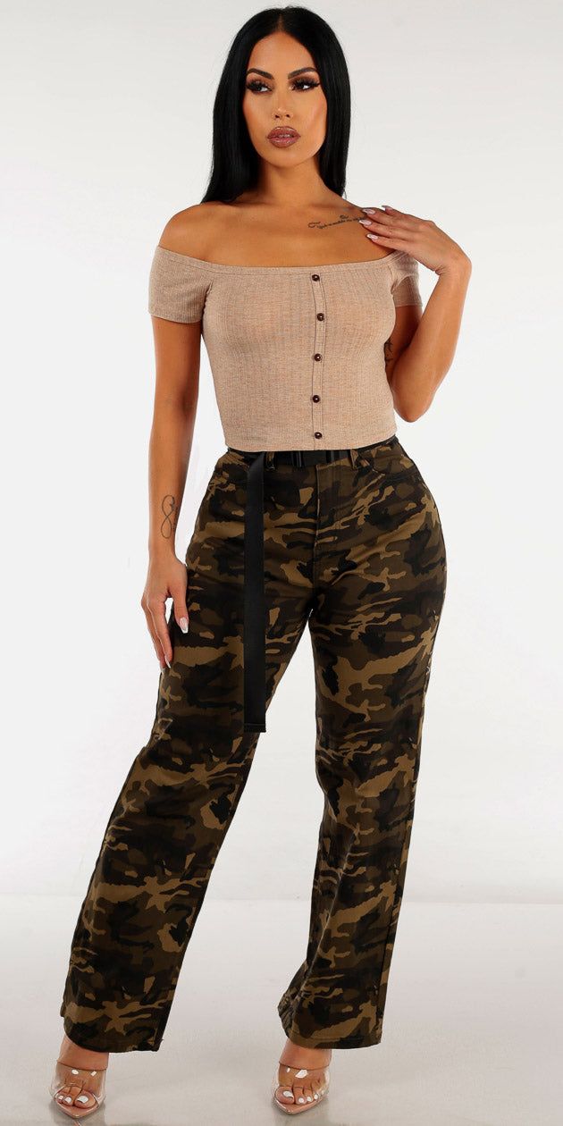 Belted Camouflage Straight Leg Pants with Off Shoulder Ribbed Crop Top sold by Moda