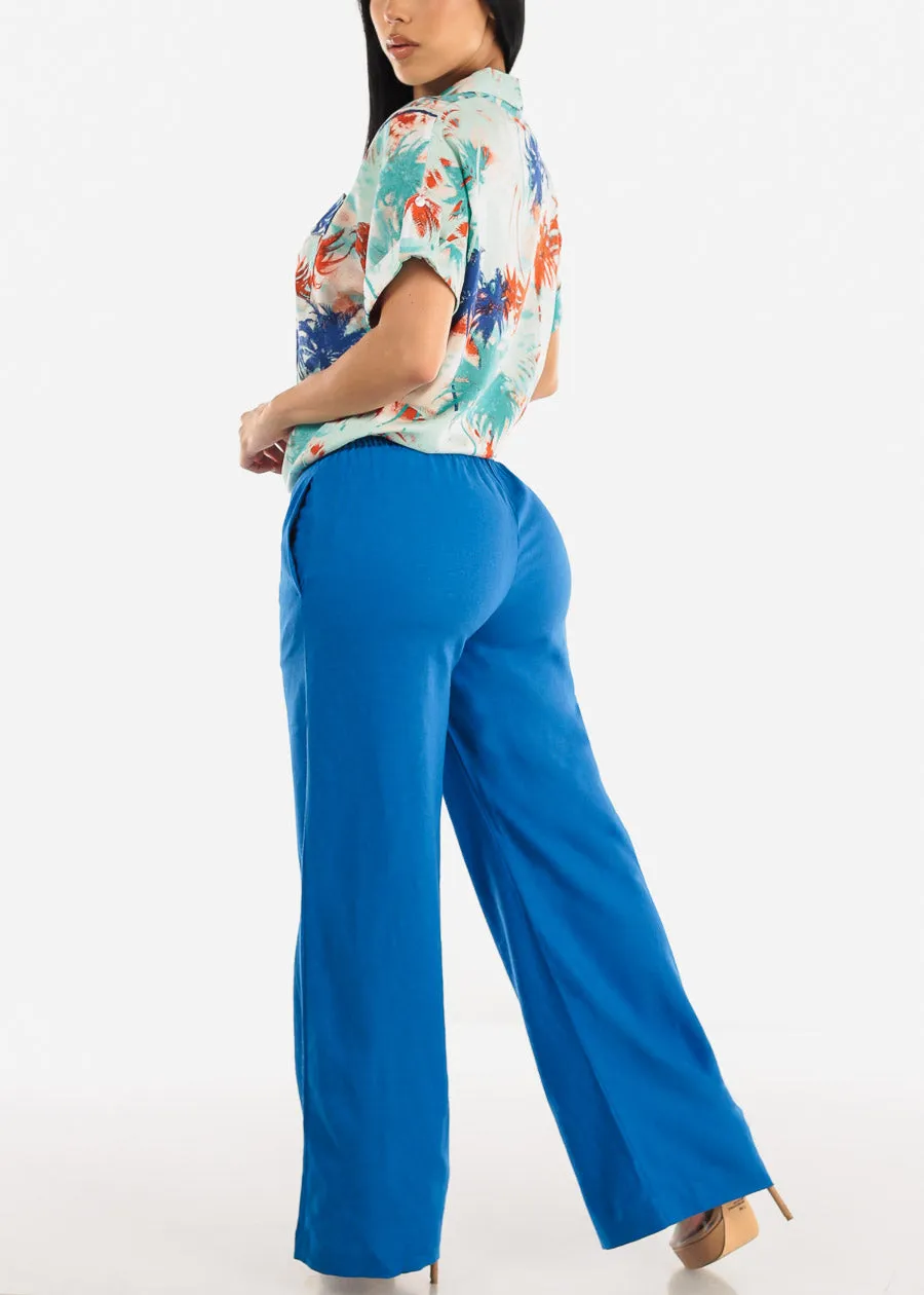 Blue Linen High Rise Spandex Waist Wide Leg Linen Pants sold by Moda product image thumbnail 5